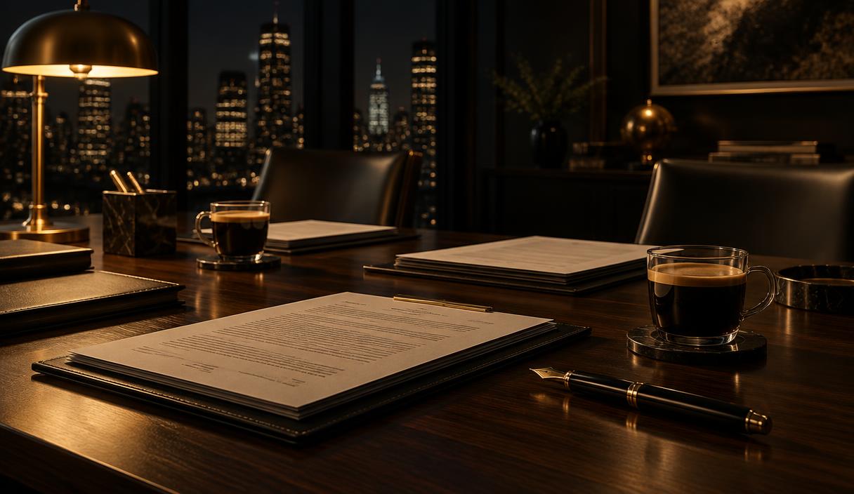 Loan documents and a gold fountain pen on a boardroom table under lamplight
